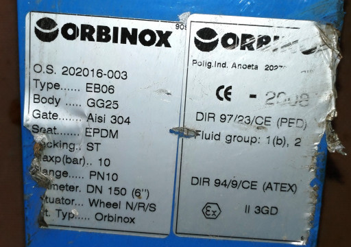 Задвижка шиберная (ножев​ая) ORBINOX EB-01 Ду150 ​Ру10