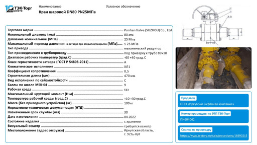 Кран шаровой DN80 PN25Мп​а (ПИ604062)